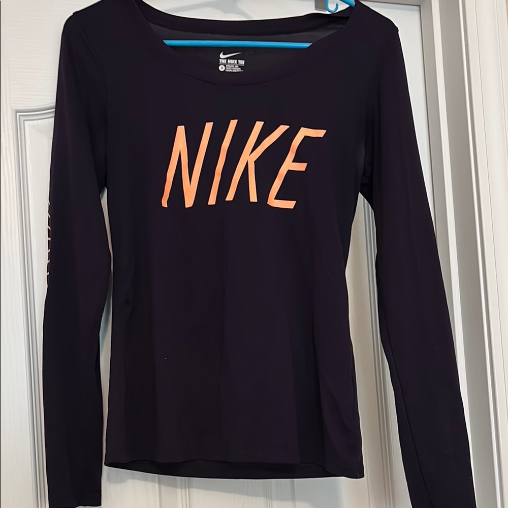Nike Navy Blue Long Sleeve Fitted Tee with Orange Accents